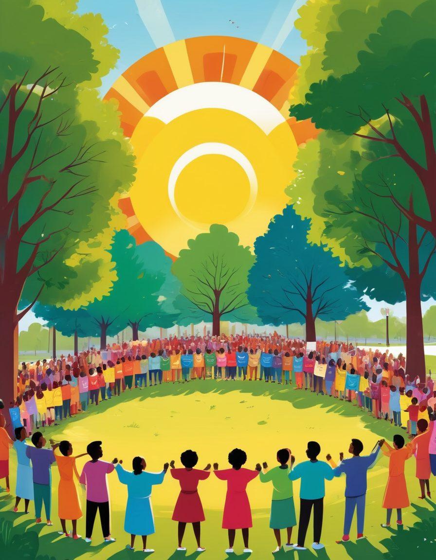 A vibrant community gathering in a park, showcasing diverse individuals united in a circle, sharing stories and holding colorful signs promoting resilience and awareness. Bright banners in the background depicting symbols of strength and unity, with trees and sun providing a warm atmosphere. Emphasize expressions of determination and hope among the participants. cartoon style. vibrant colors. dynamic perspective.