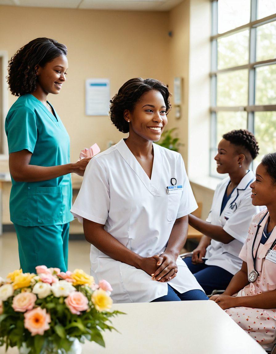 A compassionate healthcare worker guiding a diverse group of patients through a serene hospital setting. The atmosphere should reflect warmth and support, with soft lighting and blooming flowers to symbolize hope. Include visual elements like informational brochures and supportive gestures among the patients. Represent empowerment through diverse characters showcasing resilience and unity. soft-focus, warm colors, illustrative style.