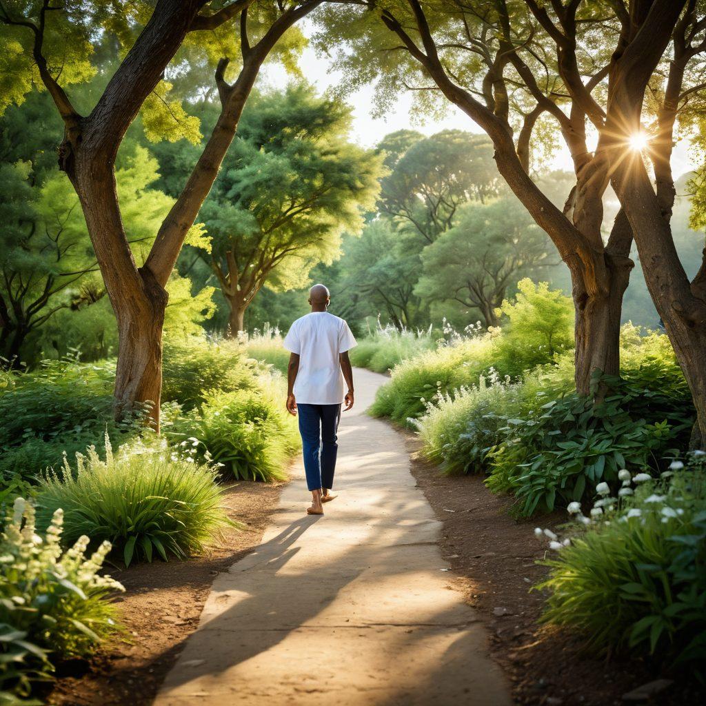 A serene landscape featuring a hopeful patient walking along a tranquil path surrounded by healing nature, with symbols of treatment options like a stethoscope and medicine bottle subtly integrated into the scenery. Warm light filters through lush trees, emphasizing wellness and encouragement. Include diverse people sharing supportive moments along the path. vibrant colors. inspirational. soft focus.